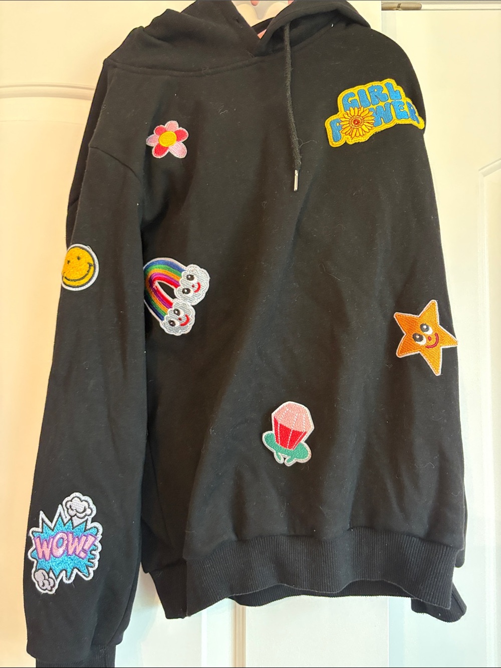 Lola + The Boys Black Hoodie with Colorful Patchwork